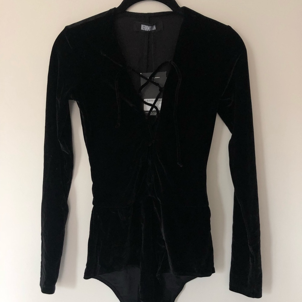 Reformation Avalon Black Lace-Up Velvety Bodysuit